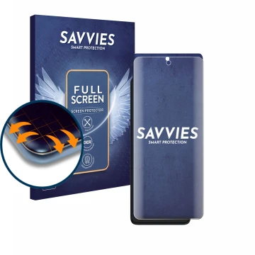 Vorderseite einer Produktverpackung mit dem Markenlogo Savvies. Daneben ist das Gerät Motorola Edge 30 mit dem zugehörigen Dis