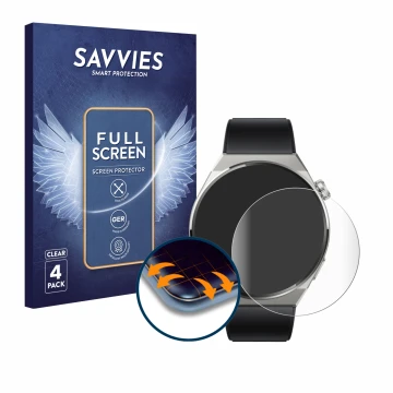 Vorderseite einer Produktverpackung mit dem Markenlogo Savvies. Daneben ist das Gerät Huawei Watch GT 3 Pro Titanium (46mm) mi