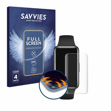 Vorderseite einer Produktverpackung mit dem Markenlogo Savvies. Daneben ist das Gerät Huawei Band 7 mit dem zugehörigen Displa