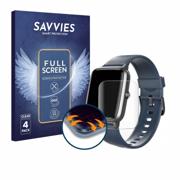 Vorderseite einer Produktverpackung mit dem Markenlogo Savvies. Daneben ist das Gerät Hama Fit Watch 4900 mit dem zugehörigen 