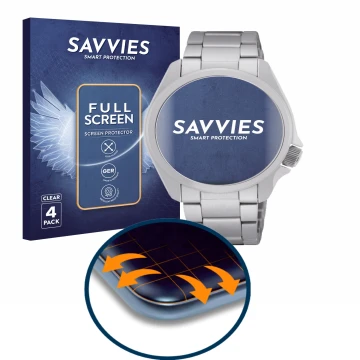 Vorderseite einer Produktverpackung mit dem Markenlogo Savvies. Daneben ist das Gerät Seiko 5 Sports SRPH49K1 mit dem zugehöri