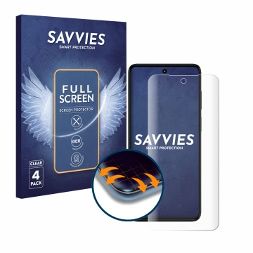 Vorderseite einer Produktverpackung mit dem Markenlogo Savvies. Daneben ist das Gerät Motorola Moto G82 5G mit dem zugehörigen