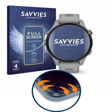 Vorderseite einer Produktverpackung mit dem Markenlogo Savvies. Daneben ist das Gerät Garmin Forerunner 255S mit dem zugehörig