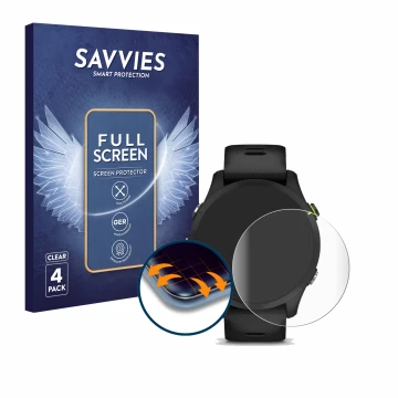 Vorderseite einer Produktverpackung mit dem Markenlogo Savvies. Daneben ist das Gerät Garmin Forerunner 255 mit dem zugehörige