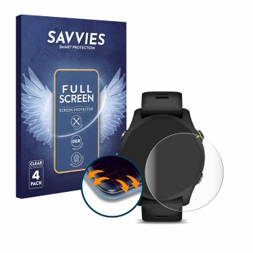 Vorderseite einer Produktverpackung mit dem Markenlogo Savvies. Daneben ist das Gerät Garmin Forerunner 255 Music mit dem zuge