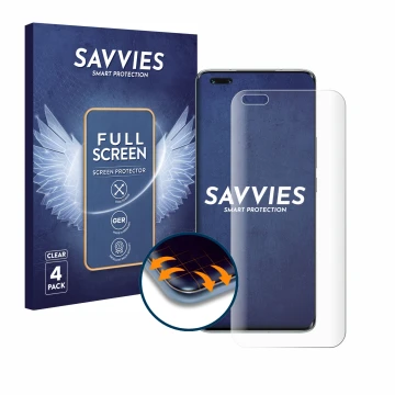 Vorderseite einer Produktverpackung mit dem Markenlogo Savvies. Daneben ist das Gerät Honor Magic 4 Pro mit dem zugehörigen Di