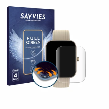 Vorderseite einer Produktverpackung mit dem Markenlogo Savvies. Daneben ist das Gerät Huami Amazfit Bip 3 Pro mit dem zugehöri