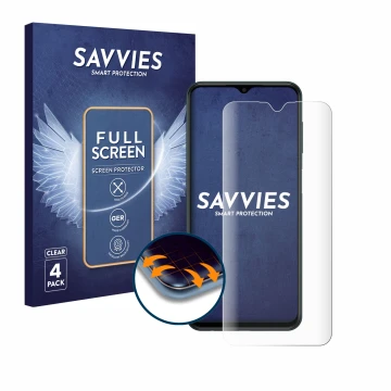 Vorderseite einer Produktverpackung mit dem Markenlogo Savvies. Daneben ist das Gerät Samsung Galaxy M13 mit dem zugehörigen D