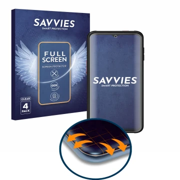Vorderseite einer Produktverpackung mit dem Markenlogo Savvies. Daneben ist das Gerät Samsung Galaxy XCover 6 Pro mit dem zuge