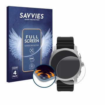 Vorderseite einer Produktverpackung mit dem Markenlogo Savvies. Daneben ist das Gerät Fossil Gen 6 Hybrid Machine (45mm) mit d