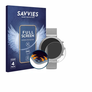 Vorderseite einer Produktverpackung mit dem Markenlogo Savvies. Daneben ist das Gerät Fossil Stella (6. Gen) mit dem zugehörig