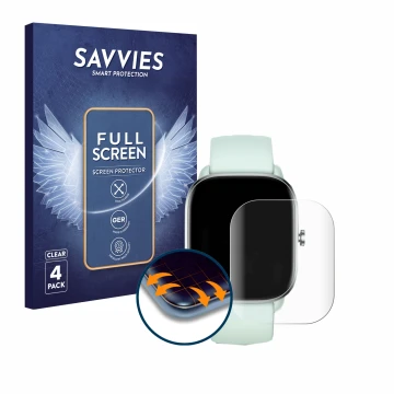 Vorderseite einer Produktverpackung mit dem Markenlogo Savvies. Daneben ist das Gerät Huami Amazfit GTS 4 Mini mit dem zugehör