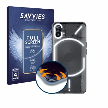 Vorderseite einer Produktverpackung mit dem Markenlogo Savvies. Daneben ist das Gerät Nothing Phone (1) (Rückseite) mit dem zu