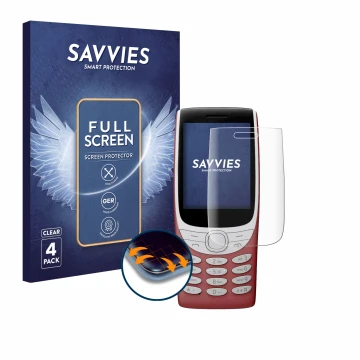 Vorderseite einer Produktverpackung mit dem Markenlogo Savvies. Daneben ist das Gerät Nokia 8210 4G mit dem zugehörigen Displa