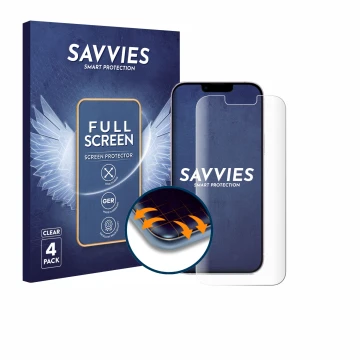 Vorderseite einer Produktverpackung mit dem Markenlogo Savvies. Daneben ist das Gerät Apple iPhone 14 Plus mit dem zugehörigen