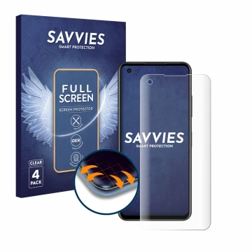 Vorderseite einer Produktverpackung mit dem Markenlogo Savvies. Daneben ist das Gerät ASUS ZenFone 9 mit dem zugehörigen Displ