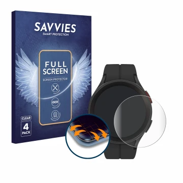Vorderseite einer Produktverpackung mit dem Markenlogo Savvies. Daneben ist das Gerät Samsung Galaxy Watch 5 Pro mit dem zugeh