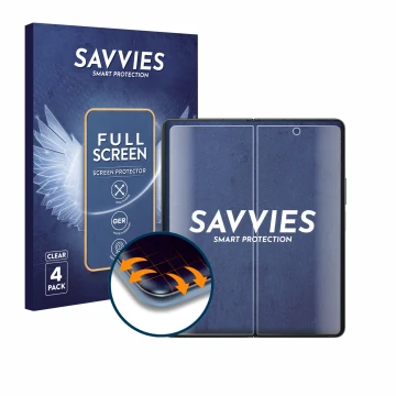 Vorderseite einer Produktverpackung mit dem Markenlogo Savvies. Daneben ist das Gerät Samsung Galaxy Z Fold 4 (Inneres Display
