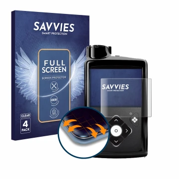 Vorderseite einer Produktverpackung mit dem Markenlogo Savvies. Daneben ist das Gerät Medtronic Minimed 780G mit dem zugehörig
