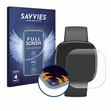 Vorderseite einer Produktverpackung mit dem Markenlogo Savvies. Daneben ist das Gerät Fitbit Sense 2 mit dem zugehörigen Displ