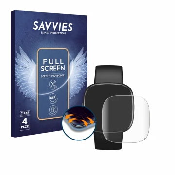 Vorderseite einer Produktverpackung mit dem Markenlogo Savvies. Daneben ist das Gerät Fitbit Versa 4 mit dem zugehörigen Displ