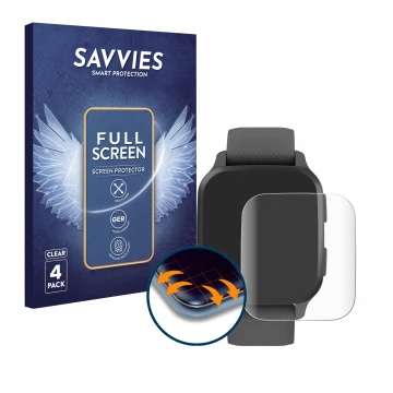 Vorderseite einer Produktverpackung mit dem Markenlogo Savvies. Daneben ist das Gerät Garmin Venu Sq 2 mit dem zugehörigen Dis