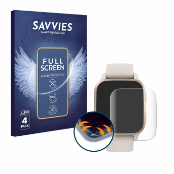 Vorderseite einer Produktverpackung mit dem Markenlogo Savvies. Daneben ist das Gerät Garmin Venu Sq 2 Music mit dem zugehörig