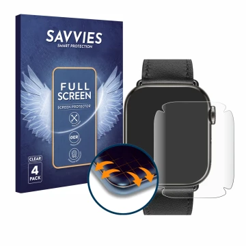 Vorderseite einer Produktverpackung mit dem Markenlogo Savvies. Daneben ist das Gerät Apple Watch Hermès (41 mm) mit dem zugeh