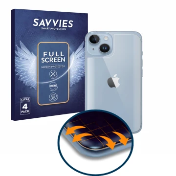Vorderseite einer Produktverpackung mit dem Markenlogo Savvies. Daneben ist das Gerät Apple iPhone 14 (Rückseite) mit dem zuge