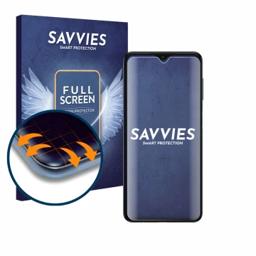 Vorderseite einer Produktverpackung mit dem Markenlogo Savvies. Daneben ist das Gerät Samsung Galaxy A04s mit dem zugehörigen 