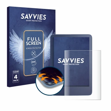 Vorderseite einer Produktverpackung mit dem Markenlogo Savvies. Daneben ist das Gerät Amazon Kindle Reader 2022 mit dem zugehö