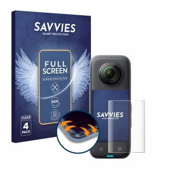 Vorderseite einer Produktverpackung mit dem Markenlogo Savvies. Daneben ist das Gerät Insta360 X3 mit dem zugehörigen Displays
