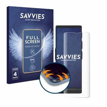 Vorderseite einer Produktverpackung mit dem Markenlogo Savvies. Daneben ist das Gerät Vasco Translator V4 mit dem zugehörigen 