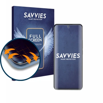 Vorderseite einer Produktverpackung mit dem Markenlogo Savvies. Daneben ist das Gerät Xiaomi 12T Pro mit dem zugehörigen Displ