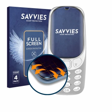 Vorderseite einer Produktverpackung mit dem Markenlogo Savvies. Daneben ist das Gerät Nokia 3310 (2017) mit dem zugehörigen Di