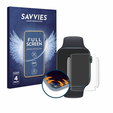 Vorderseite einer Produktverpackung mit dem Markenlogo Savvies. Daneben ist das Gerät Apple Watch SE 2022 (44 mm) mit dem zuge