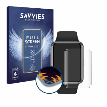 Vorderseite einer Produktverpackung mit dem Markenlogo Savvies. Daneben ist das Gerät Huawei Watch Fit 2 Active Edition mit de