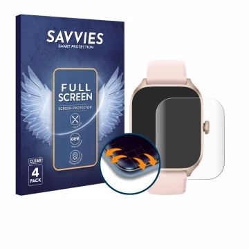 Vorderseite einer Produktverpackung mit dem Markenlogo Savvies. Daneben ist das Gerät Huami Amazfit GTS 4 mit dem zugehörigen 
