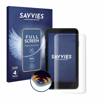Vorderseite einer Produktverpackung mit dem Markenlogo Savvies. Daneben ist das Gerät Zettle Terminal (by Paypal) mit dem zuge