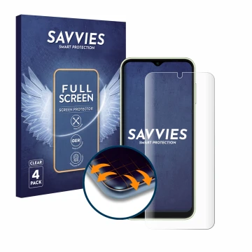 Vorderseite einer Produktverpackung mit dem Markenlogo Savvies. Daneben ist das Gerät Samsung Galaxy A14 5G mit dem zugehörige