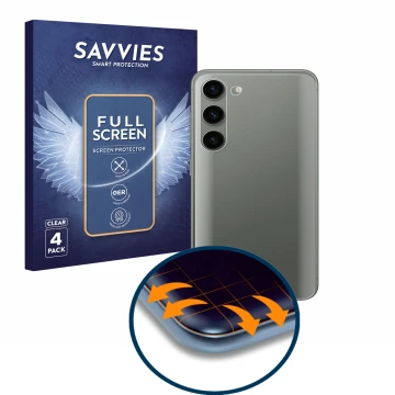 Vorderseite einer Produktverpackung mit dem Markenlogo Savvies. Daneben ist das Gerät Samsung Galaxy S23 Plus (Rückseite) mit 