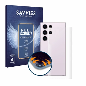 Vorderseite einer Produktverpackung mit dem Markenlogo Savvies. Daneben ist das Gerät Samsung Galaxy S23 Ultra (Rückseite) mit