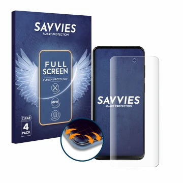 Vorderseite einer Produktverpackung mit dem Markenlogo Savvies. Daneben ist das Gerät Motorola Moto G13 mit dem zugehörigen Di