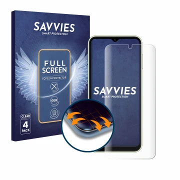 Vorderseite einer Produktverpackung mit dem Markenlogo Savvies. Daneben ist das Gerät Samsung Galaxy A14 4G mit dem zugehörige