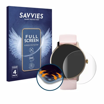Vorderseite einer Produktverpackung mit dem Markenlogo Savvies. Daneben ist das Gerät Hama Fit Watch 4910 mit dem zugehörigen 