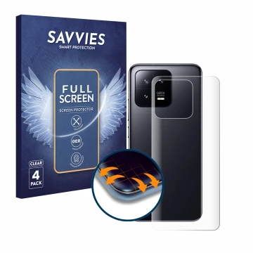 Vorderseite einer Produktverpackung mit dem Markenlogo Savvies. Daneben ist das Gerät Xiaomi 13 (Rückseite) mit dem zugehörige