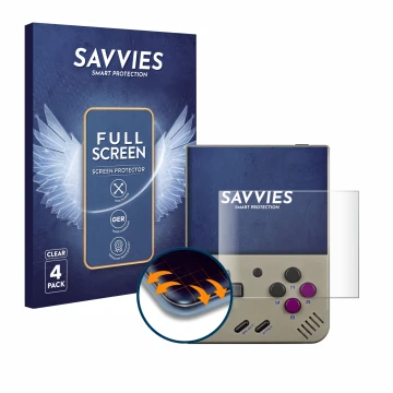 Vorderseite einer Produktverpackung mit dem Markenlogo Savvies. Daneben ist das Gerät Miyoo Mini Plus mit dem zugehörigen Disp