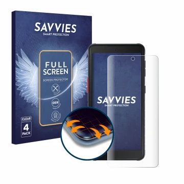 Vorderseite einer Produktverpackung mit dem Markenlogo Savvies. Daneben ist das Gerät Samsung Galaxy XCover 5 Enterprise Editi