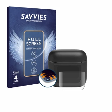 Vorderseite einer Produktverpackung mit dem Markenlogo Savvies. Daneben ist das Gerät JBL Tour Pro 2 mit dem zugehörigen Displ