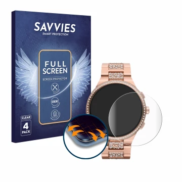 Vorderseite einer Produktverpackung mit dem Markenlogo Savvies. Daneben ist das Gerät Michael Kors Camille Gen 6 MKT5147 mit d